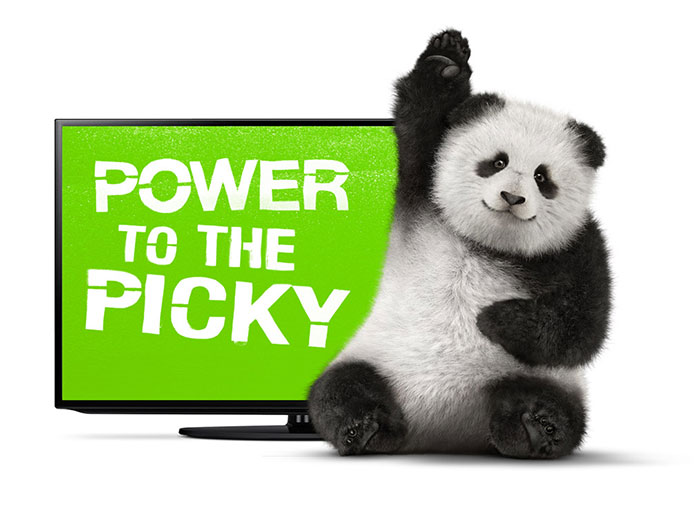 Panda Bear Raising Paw with TV Behind with "Power to the Picky" Promotional Image - Pacific CoastCom in British Columbia
