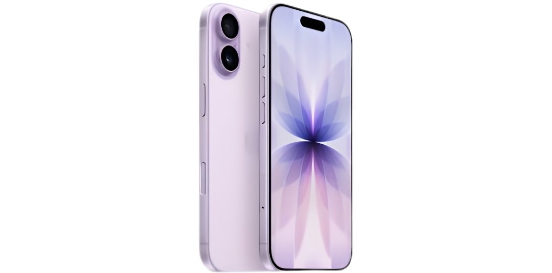 Lavender iPhone with dual rear cameras shown from back and front, displaying abstract purple wallpaper on screen.